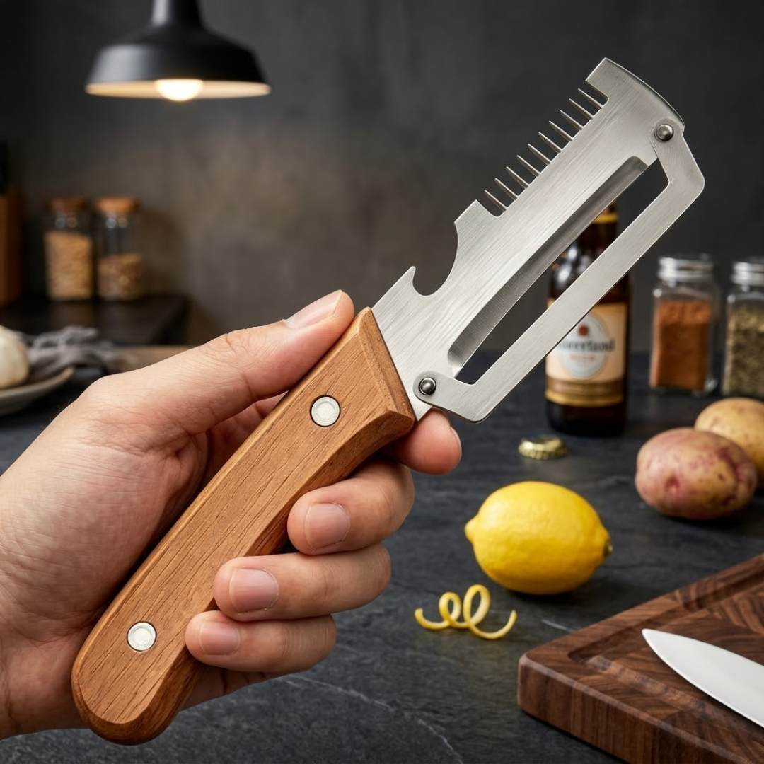 🔥2-in-1 Stainless Steel Vegetable Peeler with Wooden Handle & Bottle Opener🔥
