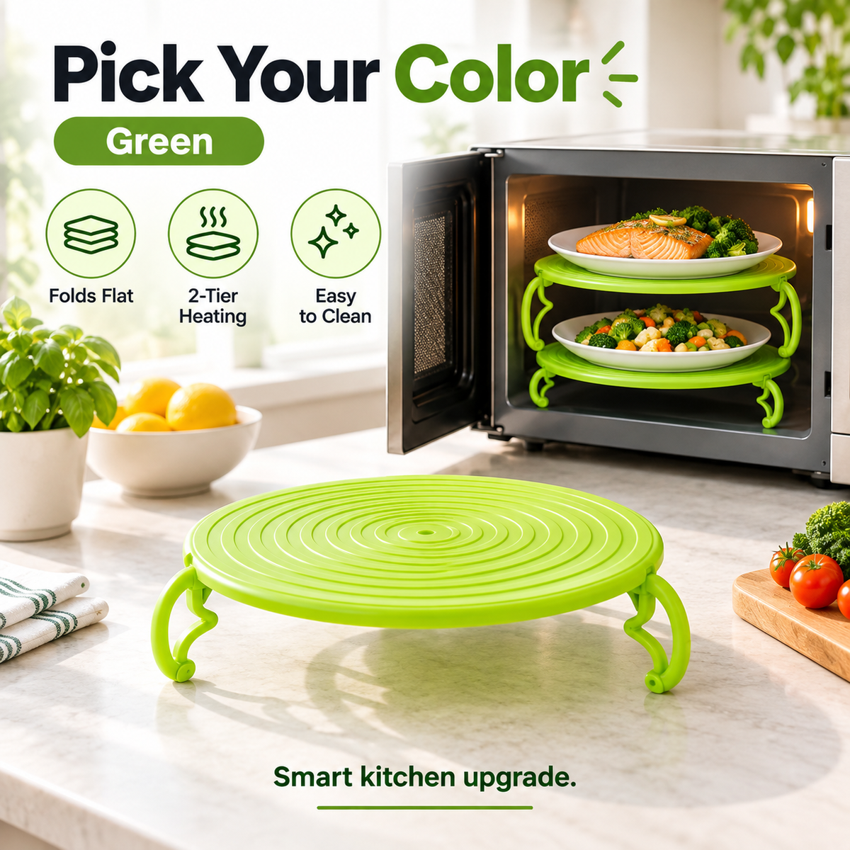 📢TWO PLATES. ONE CYCLE. MORE WAYS TO USE IT. Use it as a 2-tier microwave rack, then bring it to the table as a convenient plate mat.