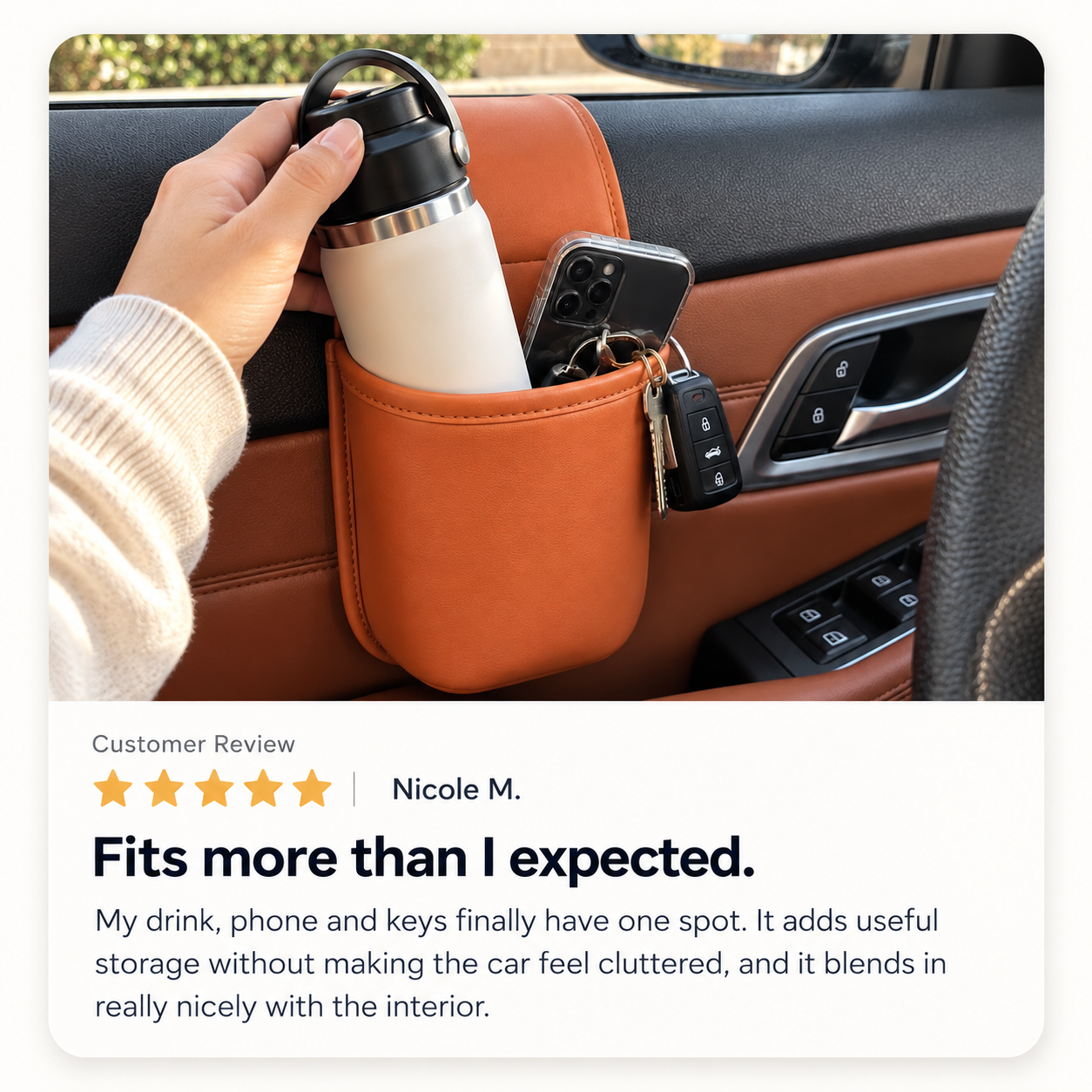 Driver using car organizer during everyday driving