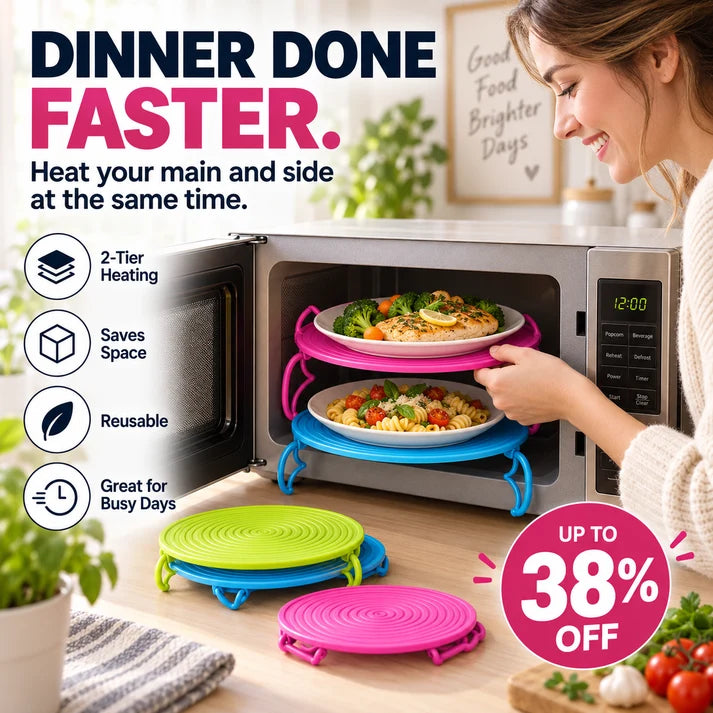 📢TWO PLATES. ONE CYCLE. MORE WAYS TO USE IT. Use it as a 2-tier microwave rack, then bring it to the table as a convenient plate mat.