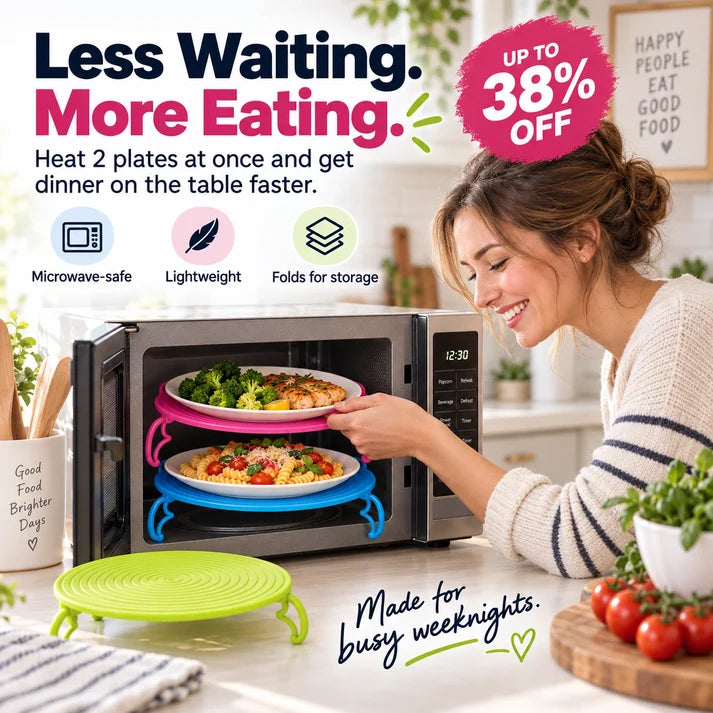 📢TWO PLATES. ONE CYCLE. MORE WAYS TO USE IT. Use it as a 2-tier microwave rack, then bring it to the table as a convenient plate mat.