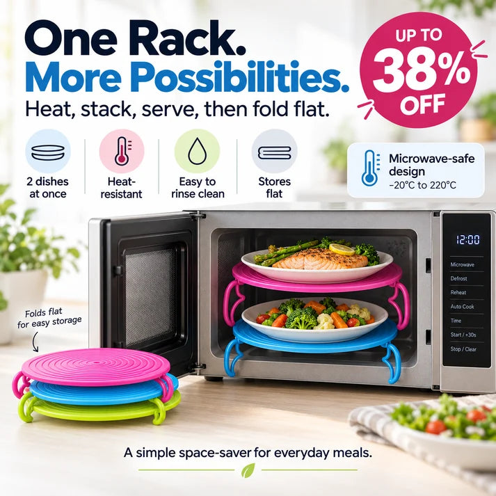 📢TWO PLATES. ONE CYCLE. MORE WAYS TO USE IT. Use it as a 2-tier microwave rack, then bring it to the table as a convenient plate mat.