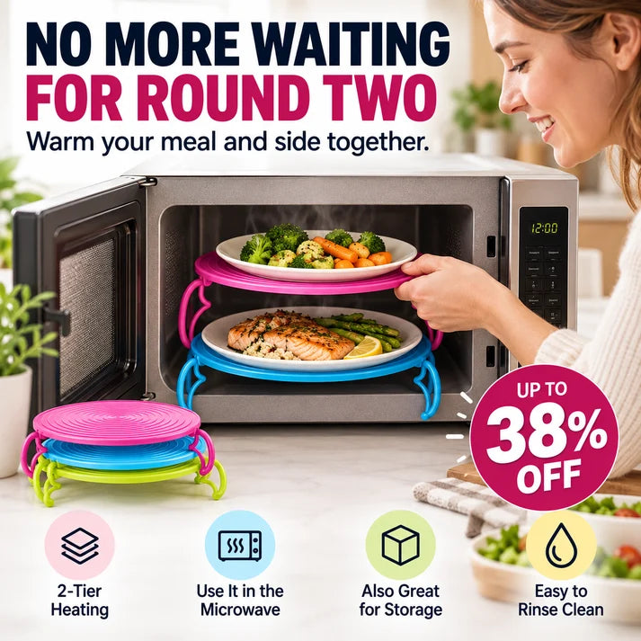 📢TWO PLATES. ONE CYCLE. MORE WAYS TO USE IT. Use it as a 2-tier microwave rack, then bring it to the table as a convenient plate mat.