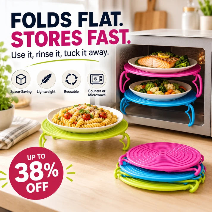 📢TWO PLATES. ONE CYCLE. MORE WAYS TO USE IT. Use it as a 2-tier microwave rack, then bring it to the table as a convenient plate mat.